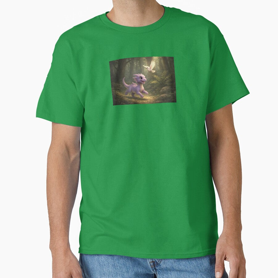 Playful Baby Dragon Chasing a Bird – Whimsical Forest Fantasy Art by Hatchling Hollow