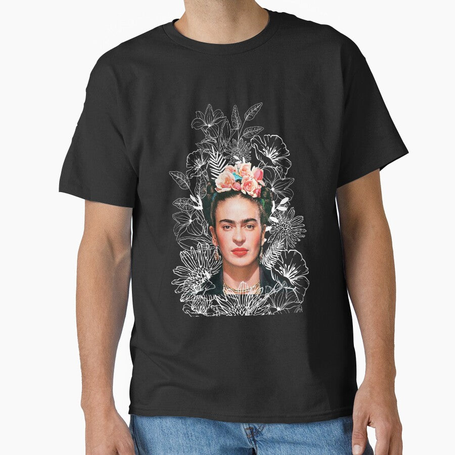 Frida Kahlo portrait color, white flowers, black background by Adriana C (All about Frida)