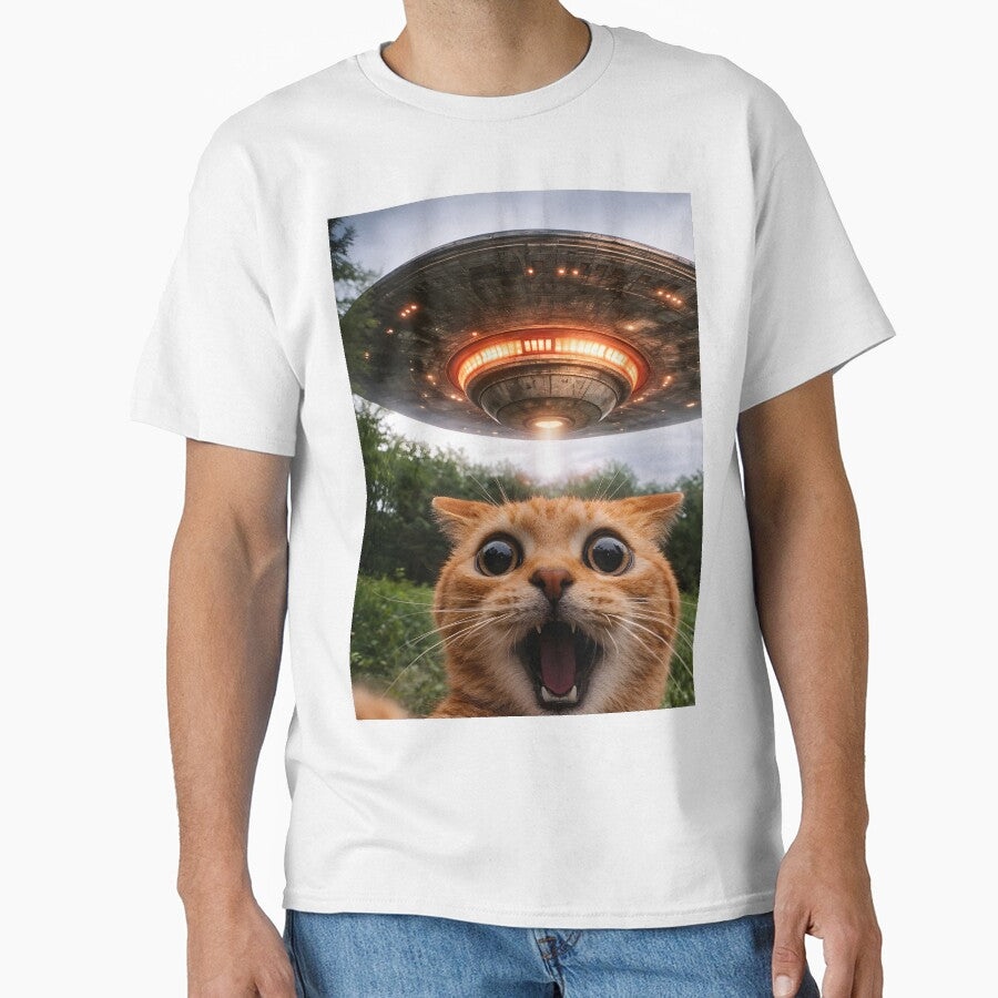 Funny Surreal Worried Cat Taking A Selfie of UFO Alien Spacecraft Humorous Animals by ManxCatAndy