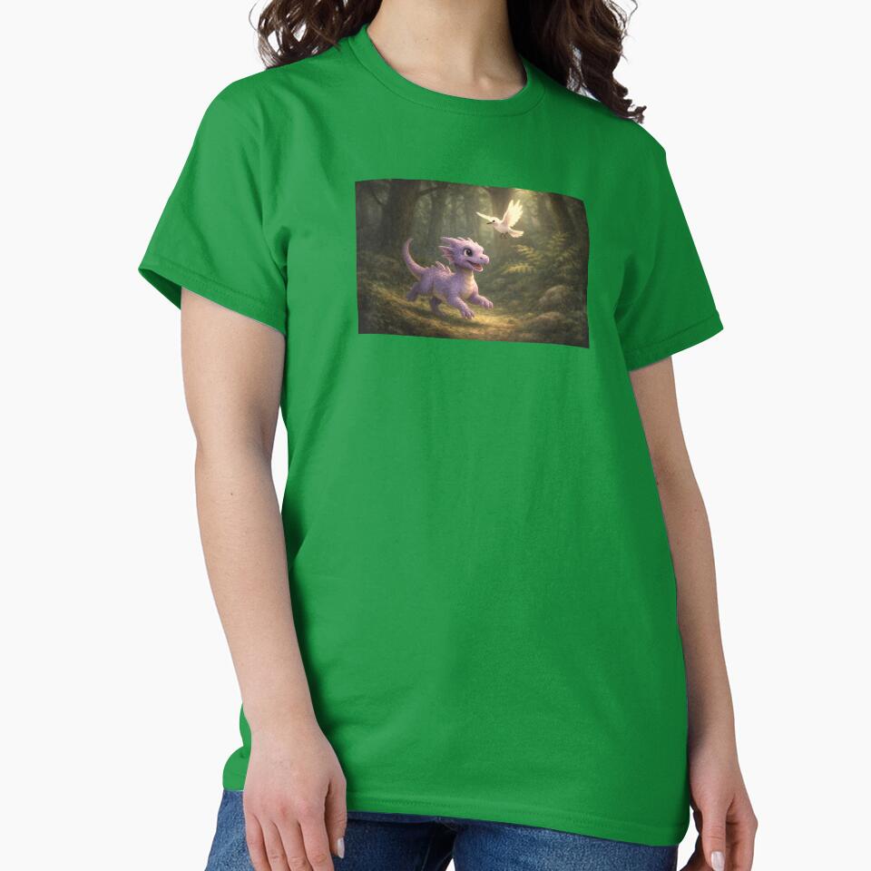 Playful Baby Dragon Chasing a Bird – Whimsical Forest Fantasy Art by Hatchling Hollow