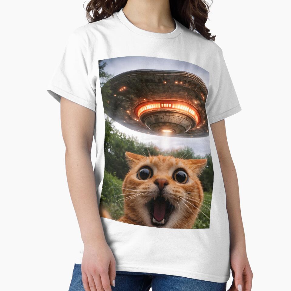 Funny Surreal Worried Cat Taking A Selfie of UFO Alien Spacecraft Humorous Animals by ManxCatAndy