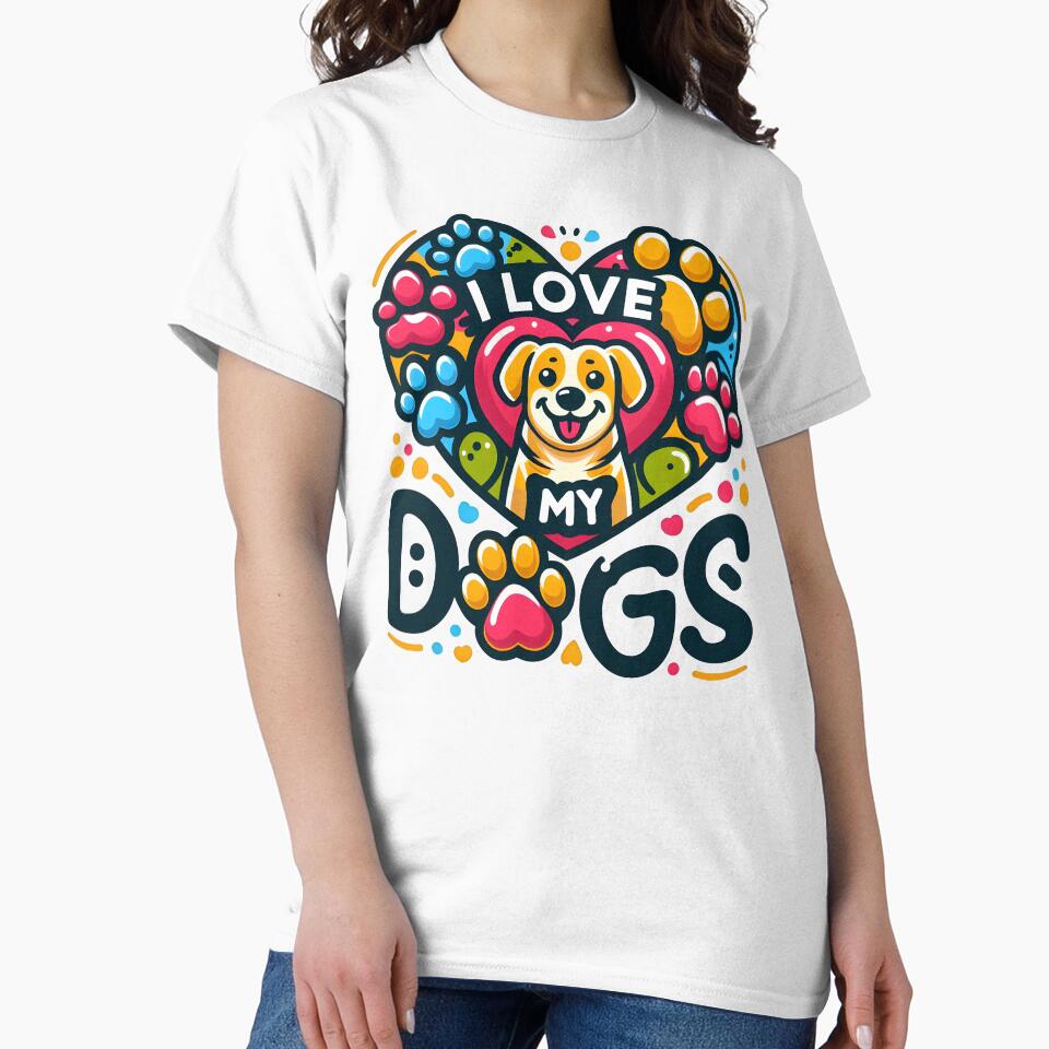 Cute Dog Illustration with "I Love My Dogs" Heart and Paw Prints. by The-T-In-Retro