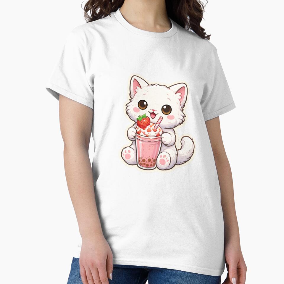 Cute Cat Drinking Strawberry Milkshake – Kawaii Cat Boba Lover Sticker by MrDev