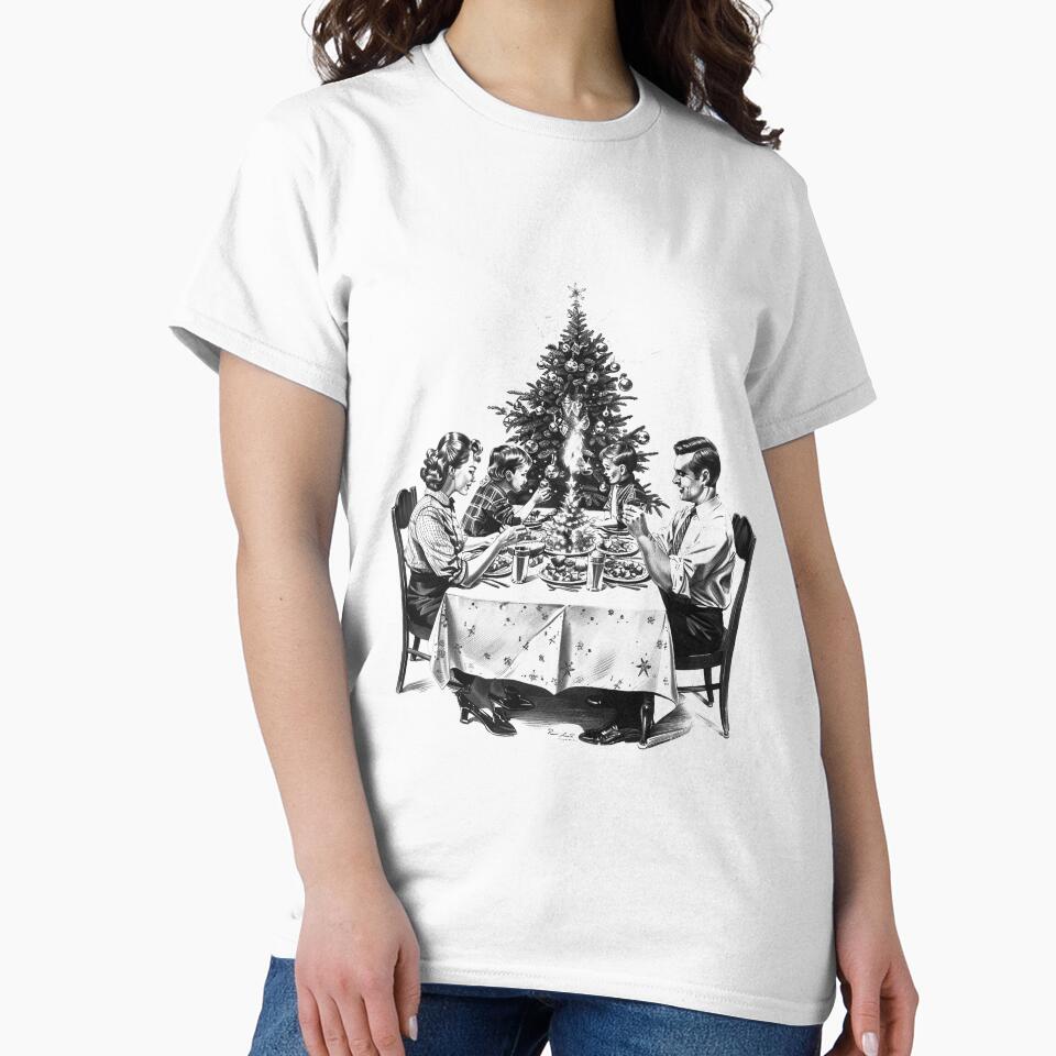 Vintage Family Christmas Dinner – Black and White Holiday Illustration by inkoutninja
