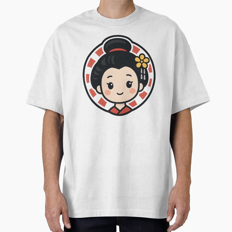 Kawaii Geisha with Yellow Flower and Red Sun | Japanese Art Illustration by OsasChild