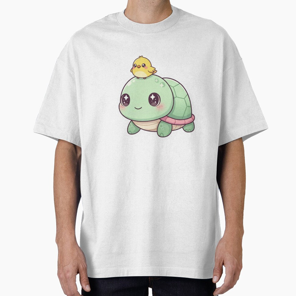 Cute Kawaii Turtle with adorable little puffy yellow bird by Melissa Conner