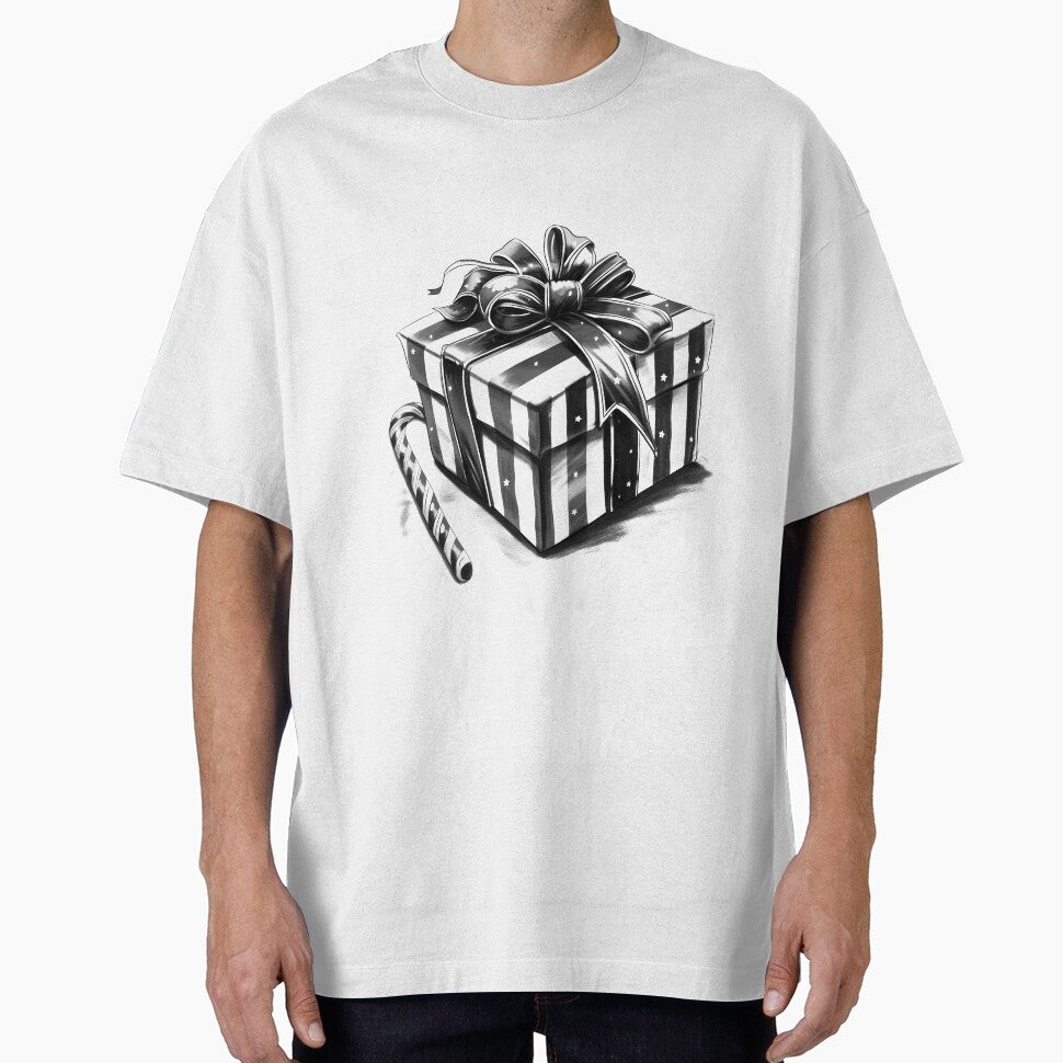 Striped Christmas Gift with Candy Cane – Black and White Holiday Illustration by inkoutninja