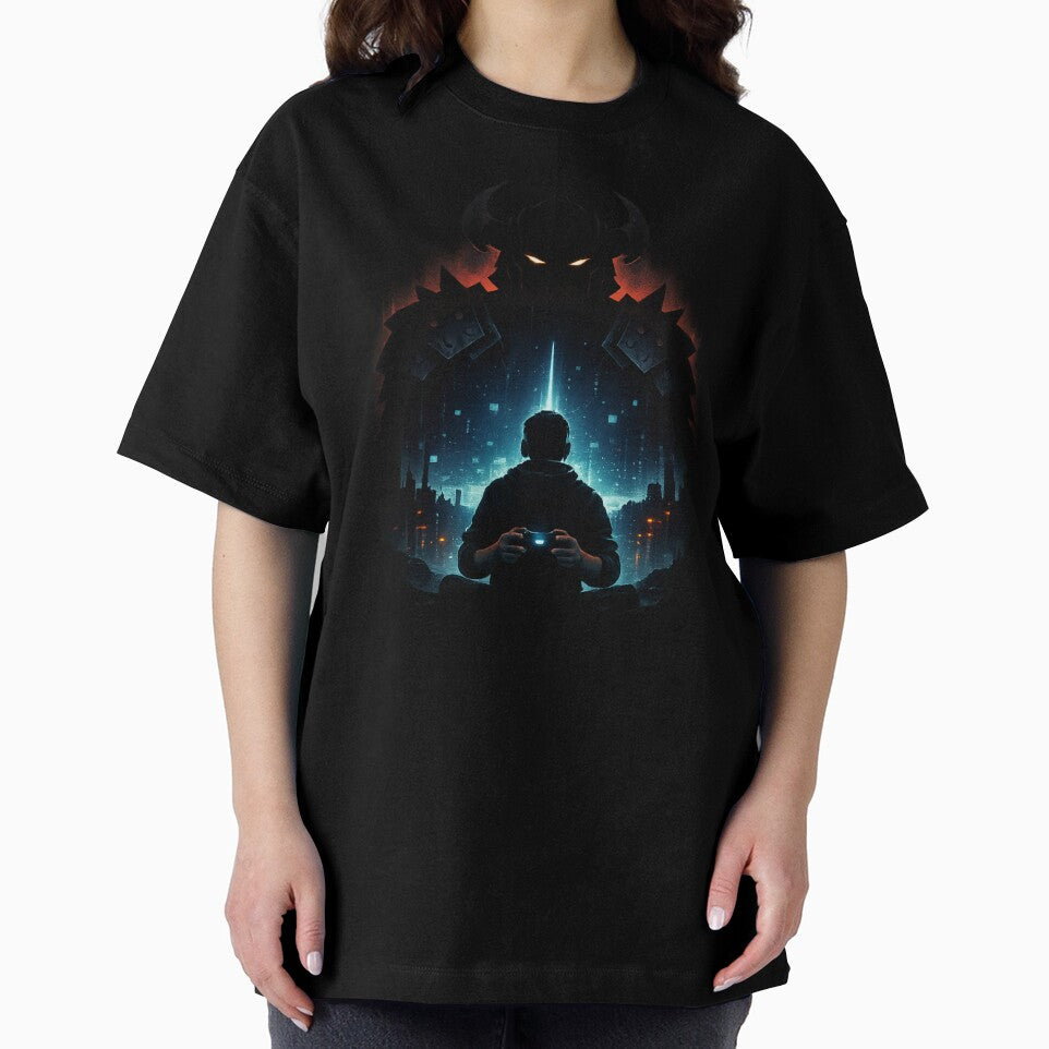 Facing the Final Boss – Dark Gamer Artwork | Cyber Fantasy Gaming T-Shirt by VireonTees