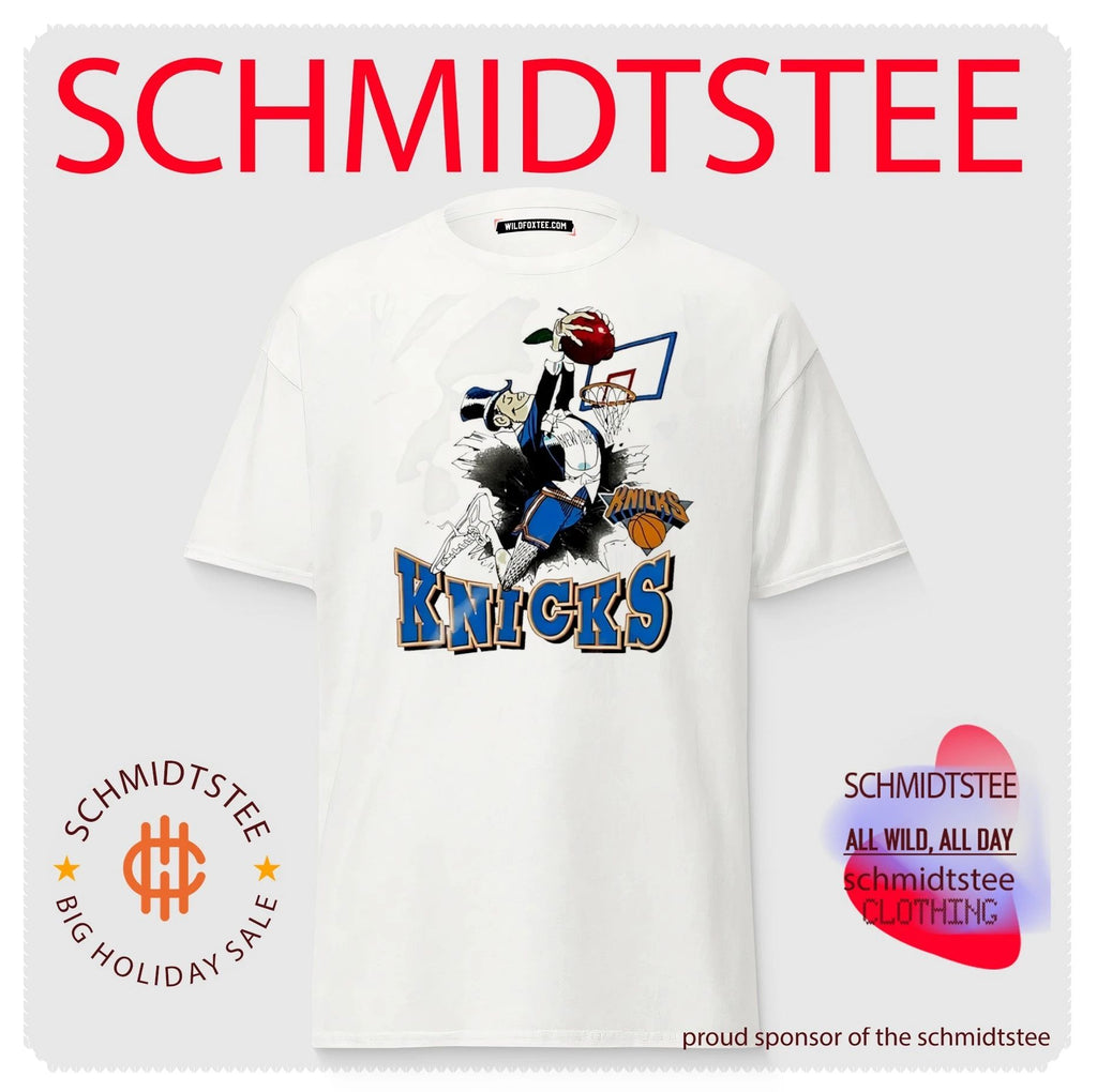 New York Knicks mascot dunking red apple graphic shirt