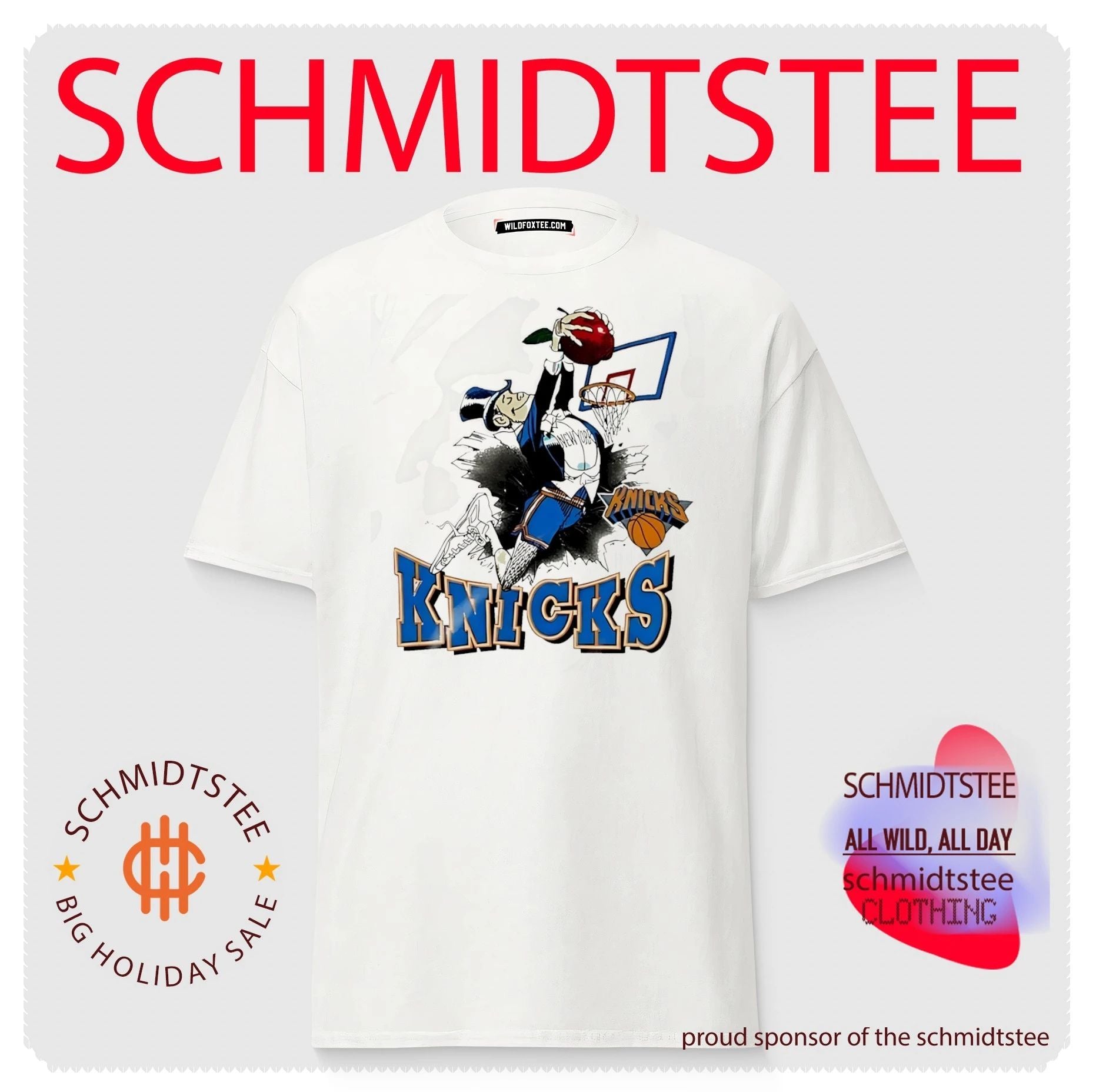 New York Knicks mascot dunking red apple graphic shirt