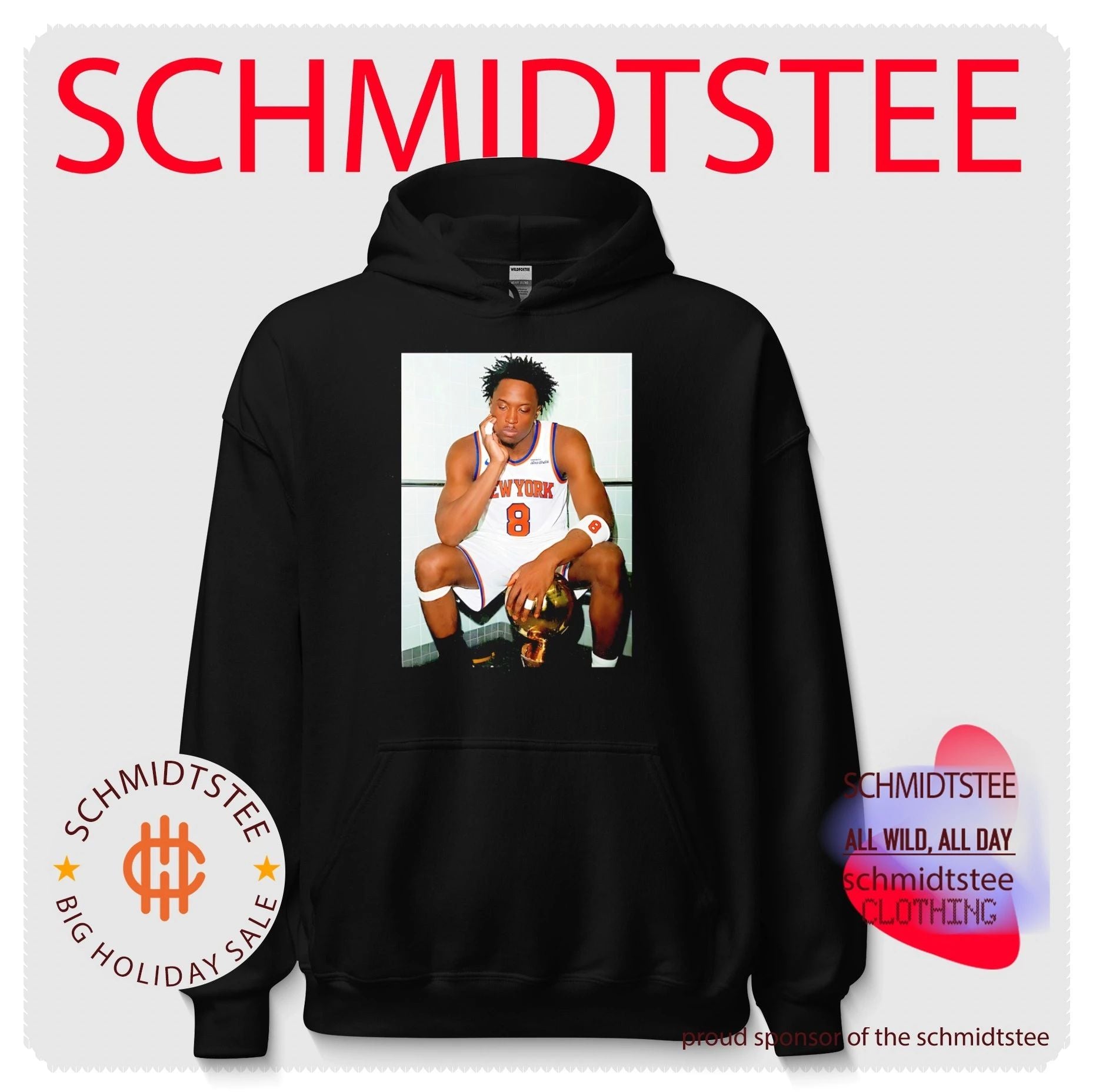 New York Knicks OG Anunoby sitting with trophy shirt