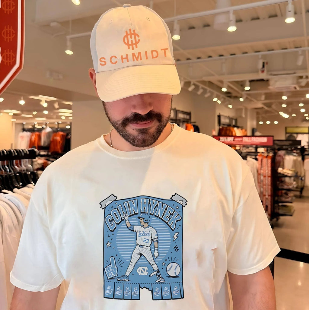 North Carolina Tar Heels Colin Hynek posing graphic shirt