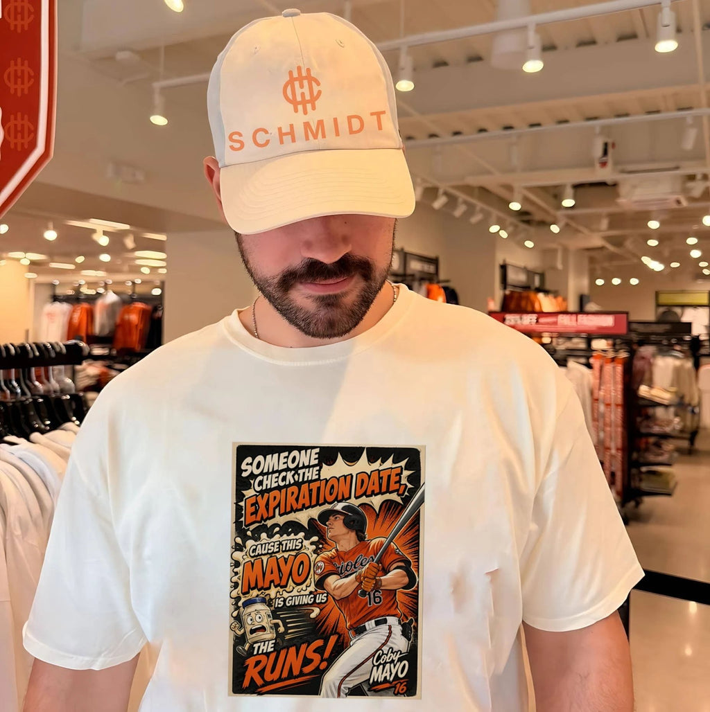 Baltimore Orioles Coby Mayo someone check the expiration date cause this mayo cartoon shirt