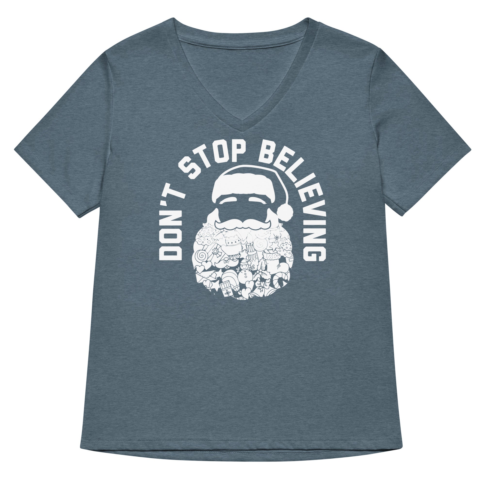 Don't Stop Believing Santa Women's V-Neck Tee